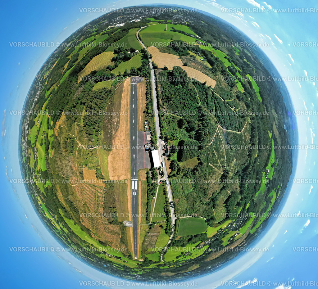 Meinerzhagen250812223 | Luftbild, Flugplatz Meinerzhagen mit Startbahn und Landebahn, Marienheider Straße Landesstraße L306, Erdkugel, Fisheye Aufnahme, Fischaugen Aufnahme, 360 Grad Aufnahme, tiny world, little planet, fisheye Bild, Kierspe, Sauerland, Nordrhein-Westfalen, Deutschland