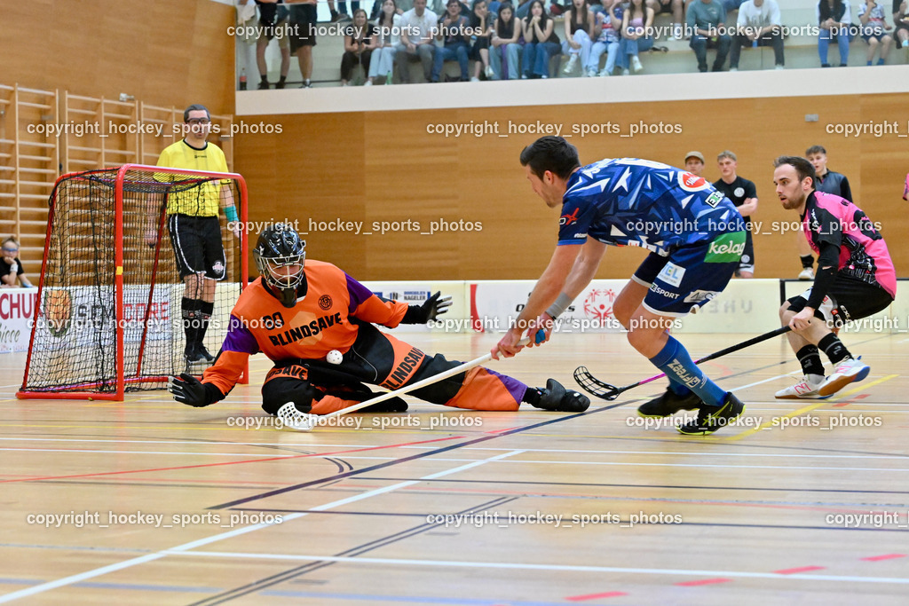 VSV Unihockey vs. Wiener Floorballferein 6.4.2024 | #80 Bernhard Bezucha Wiener Floorballverein, #6 Timo Schmid VSV Unihockey, #65 Ondrej Bilek Wiener Floorballverein, VSV Unihockey vs. Wiener Floorballferein 6.4.2024, VSV Unihockey vs. Wiener Floorballferein  am 06.04.2024 in Villach (Ballspielhalle St. Martin), Austria, (Photo by Bernd Stefan)