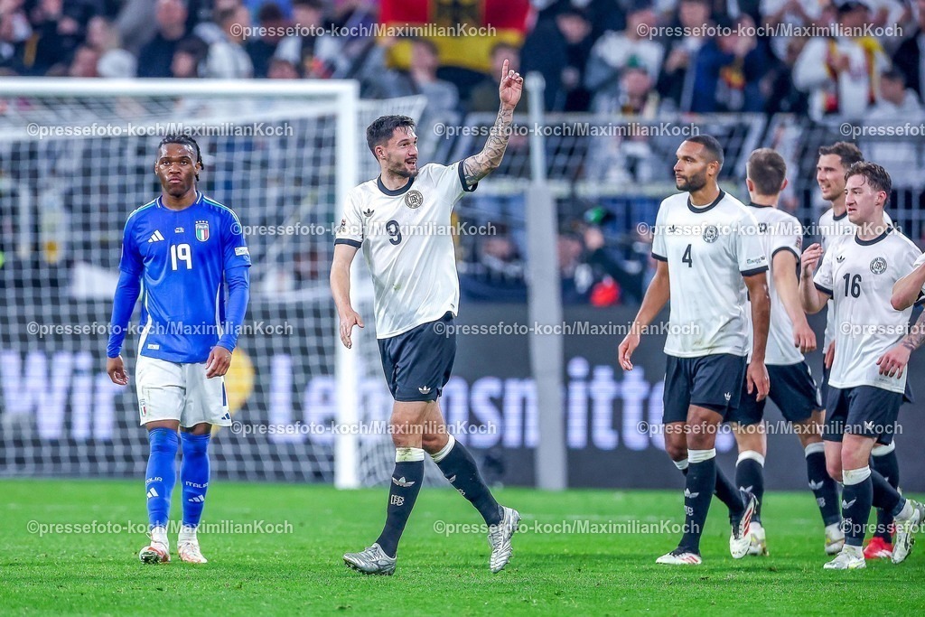 DFB23032501068 | 23.03.2025, Fußball, Viertelfinale UEFA Nations League, Deutschland - Italien, Signal Iduna Park, Saison 2024 2025: Torjubel nach dem Tor zum 3:0 durch Tim Kleindienst (GER #09) DFB regulations prohibit any use of photographs as image sequences and or quasi-video.