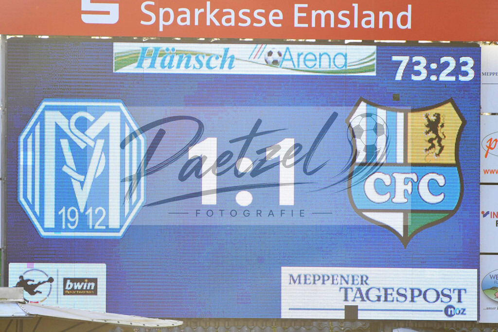 20200201_MEPCHE_0056 | Fußball, Herren: . Anzeigetafel waehrend des Spiels der 3. Liga zwischen SV Meppen und Chemnitzer FC in der Haensch-Arena am 01.02.2020 in Meppen, Deutschland. DFB / DFL REGULATIONS PROHIBIT ANY USE OF PHOTOGRAPHS AS IMAGE SEQUENCES AND/OR QUASI-VIDEO. - Realisiert mit Pictrs.com