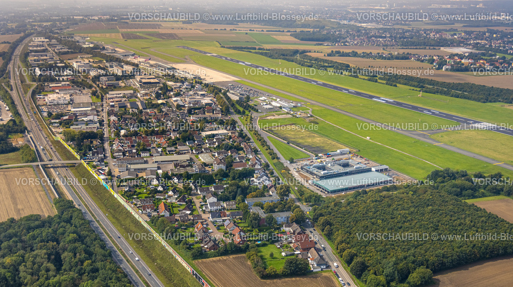 Unna230901189 | Luftbild, Flughafen Dortmund Airport und Gewerbegebiet, Bundesstraße B1, Massen, Unna, Ruhrgebiet, Nordrhein-Westfalen, Deutschland