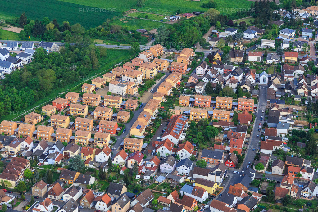 Luftbild: Wohnsiedlung Oleanderstraße mit Ockerfarbenen Ziegeldächern in Lorsch im Bundesland Hessen in Deutschland. Foto: IMG_088332.jpg vom 09.05.2016 durch Werner Riehm/FLY-FOTO.de
