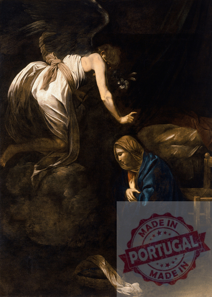 Art by Carravagio Annunciation representing Archangel Gabriel surprising Virgin Mary | Archangel Gabriel bringing news to Virgin Mary in a dark, dramatic religious painting - Realized with Pictrs.com