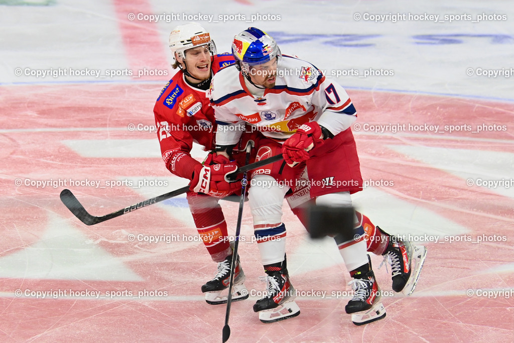 EC KAC vs. EC Red Bull Salzburb | #22 Peeters Senna EC KAC, #17 Kosmachuk Scott EC RED BULL SALZBURG,  EC KAC vs. EC Red Bull Salzburb, EC KAC vs. EC Red Bull Salzburb am 04.04.2025 in Klagenfurt (Heidi Horten Arena), Austria, (Photo by Bernd Stefan)
