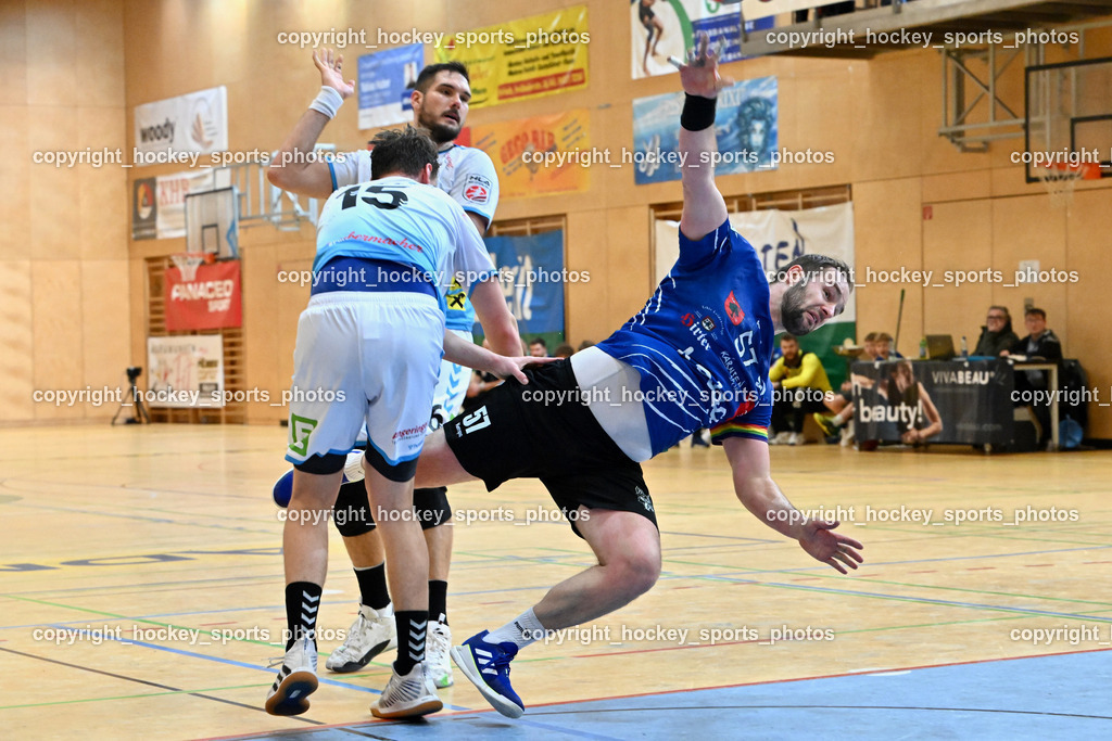 SC Ferlach vs. HSG Bärnbach/Köflach 30.3.2024 | #15 Knez Domen HSG Bärnbach, #56 Beciri Kristian HSG Bärnbach, #57 LEBAN Patrik SC Ferlach, SC Ferlach vs. HSG Bärnbach/Köflach 30.3.2024, SC Ferlach vs. HSG Bärnbach/Köflach am 30.03.2024 in Ferlach (Ballspielhalle Ferlach), Austria, (Photo by Bernd Stefan)