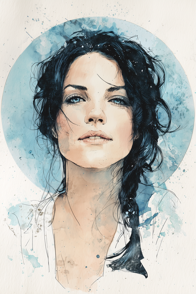 Poster: HER ECHO – The Fire | Modernes Frauenportrait im Aquarellstil mit taubenblauem Farbkreis und selbstbewusstem Blick aus der Poster-Kollektion HER ECHO. - Realisiert mit Pictrs.com