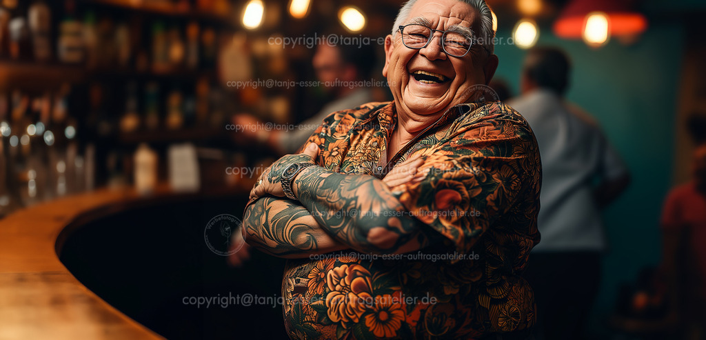 70 jaehriger taetowierter Mann in Bar D | Fotorealistisches Lifestyle Bild zeigt einen tätowierten 70 jährigen Senior. Er lacht und trägt ein wild gemustertes Hemd. Er steht in einer Bar und erlebt das Nachleben. Panorama Bild mit viel unscharfem Bereich für Copy Space.