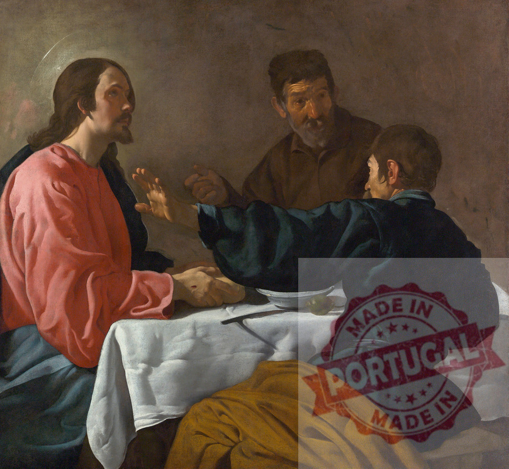 Diego Velazquez Jesus Christ revealing identity during Supper at Emmaus | Jesus breaking bread with two disciples, revealing his resurrected self - Realized with Pictrs.com