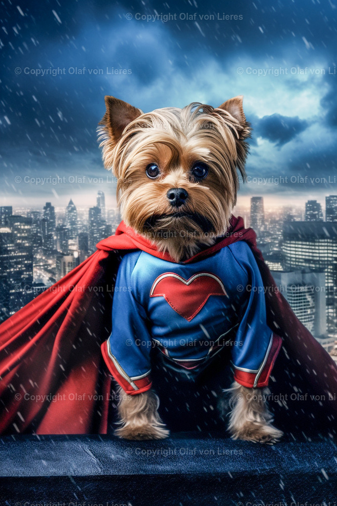 Yorkshire Terrier als Supermann | Superheld mit Umhang