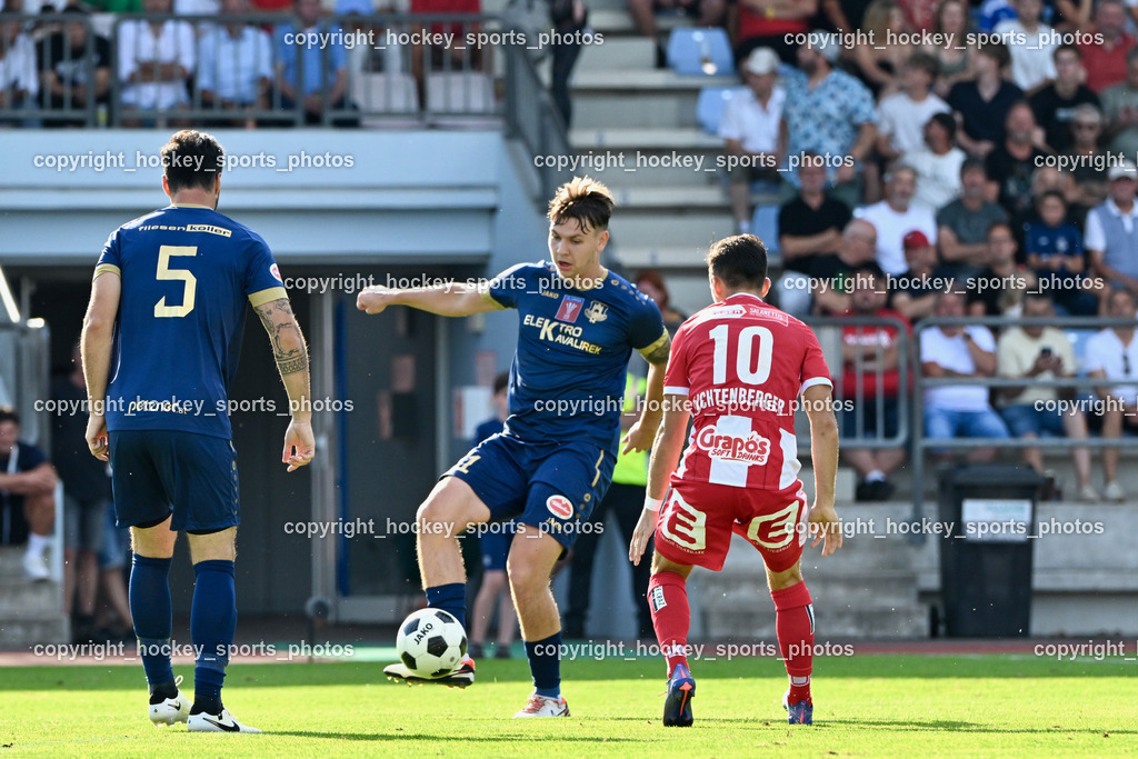 ATUS Velden vs. GAK | #5 Roland Putsche ATUS Velden, #21 Florian Schaller ATUS Velden, #10 Christian Lichtenberger GAK, ATUS Velden vs. GAK, ATUS Velden vs. GAK am 26.07.2024 in Villach (Stadion Lind), Austria, (Photo by Bernd Stefan)