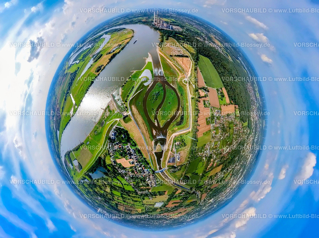 Dinslaken240890008Emschermuendung | Luftbild, neue Emschermündung in den Fluss Rhein, hinten das Kraftwerk Voerde, Erdkugel, Fisheye Aufnahme, Fischaugen Aufnahme, 360 Grad Aufnahme, tiny world, little planet, fisheye Bild, Eppinghoven, Dinslaken, Ruhrgebiet, Nordrhein-Westfalen, Deutschland