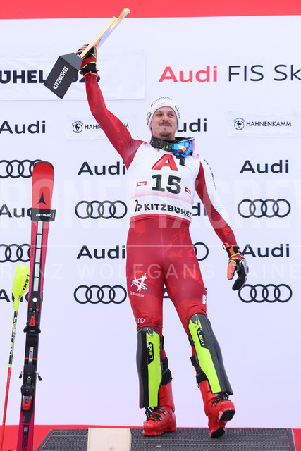 Audi FIS Ski World Cup: Men’s Slalom – Hahnenkamm Race, Kitzbuehel | Kitzbuehel, Austria, 25.Jan.26 - Alpine Skiing - FIS World Cup, Hahnenkamm Race, Slalom, men. The image shows FELLER Manuel (AUT, Atomic) first place with gams.