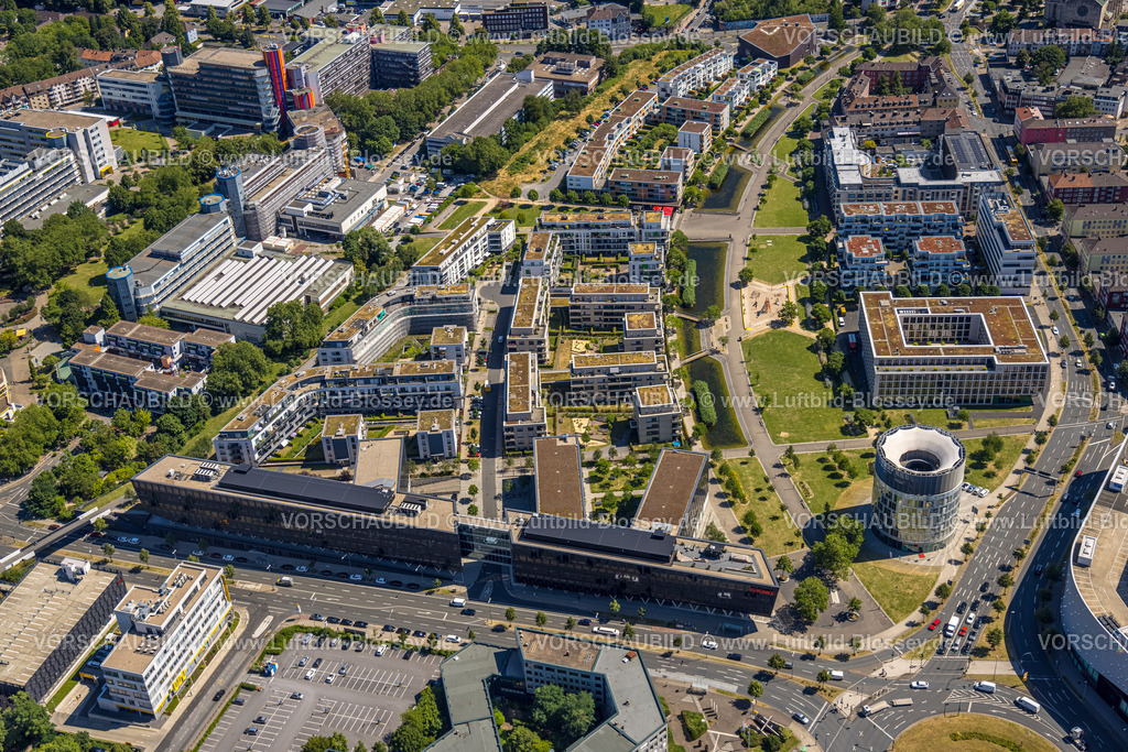 Essen230702960 | Luftbild, Wohnsiedlung Grüne Mitte, Funke Kiosk Turm, Funke Mediengruppe Gebäude, Westviertel, Essen, Ruhrgebiet, Nordrhein-Westfalen, Deutschland