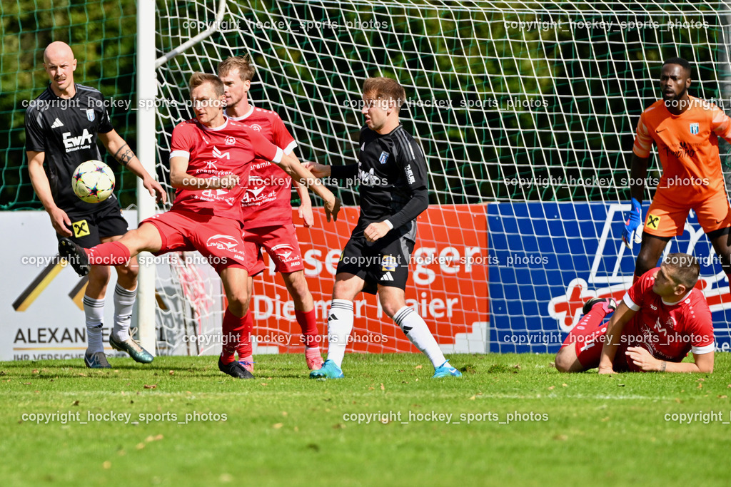 SV Rothentuhurn vs. URC Thal Assling | #14 David Walder URC Thal Assling, #16 Niklas Hinteregger SV Rothenthurn, #17 Maximilian Ortner URC Thal Assling, #4 Dragan Erdeljan SV Rothenthurn, #99 Ayotunde Ezekiel Ikuepamitan URC Thal Assling, SV Rothentuhurn vs. URC Thal Assling, SV Rothentuhurn vs. URC Thal Assling am 15.09.2024 in Rothenthurn (Sportplatz Rothenthurn), Austria, (Photo by Bernd Stefan)