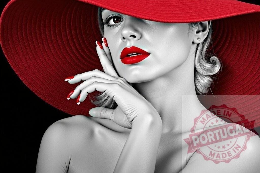 Woman wearing red hat and lipstick looking at camera | Woman highlighting elegance and mystery with selective red accents over grayscale - Realized with Pictrs.com