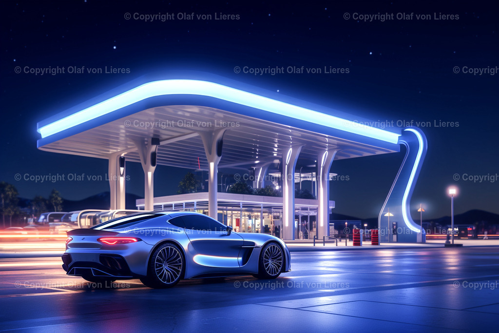 Sportwagen vor Tankstelle | Luxusauto vor blauer Tankstelle
