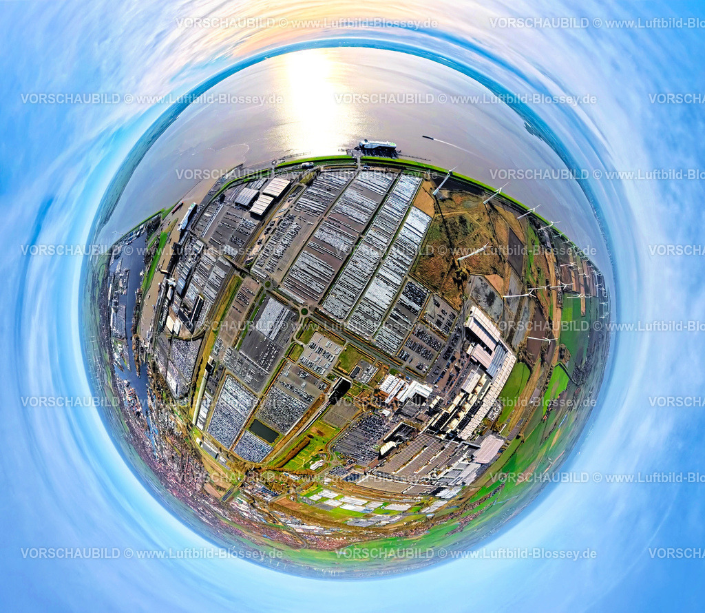 Emden251104770screenshot | Luftbild, PKW Logistik Volkswagenwerk, Außenhafen Emden mit SFL Schiff Wolfsburg Car Carriers, Volkswagen PKW Verladestation,Fischaugenaufnahme, fish-eye Bild,  Emden, Norddeutschland, Ostfriesland, Niedersachsen, Deutschland