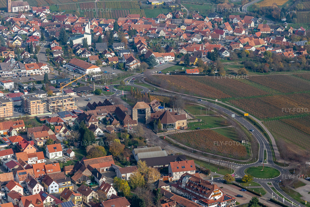 Luftbild: Deutsches Weintor im Ortsteil Schweigen in Schweigen-Rechtenbach im Bundesland Rheinland-Pfalz in Deutschland. Foto: IMG_123806.jpg vom 07.11.2020 durch Werner Riehm/FLY-FOTO.de