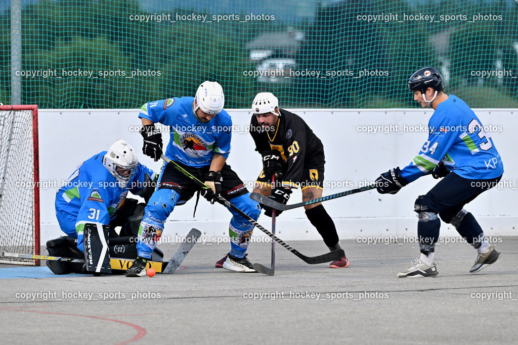 ASKÖ Hockey Villach vs. VAS Ballhockey  | #31 LEPUSCHITZ Leo ASKÖ Villach Hockey, #90 Edlinger Patrick VAS Villach, #34 PRODINGER Dominik ASKÖ Villach Hockey, #53 NINDLER Elias ASKÖ Villach Hockey, ASKÖ Hockey Villach vs. VAS Ballhockey , ASKÖ Hockey Villach vs. VAS Ballhockey  am 06.07.2025 in Villach (Alpen Arena ), Austria, (Photo by Bernd Stefan)