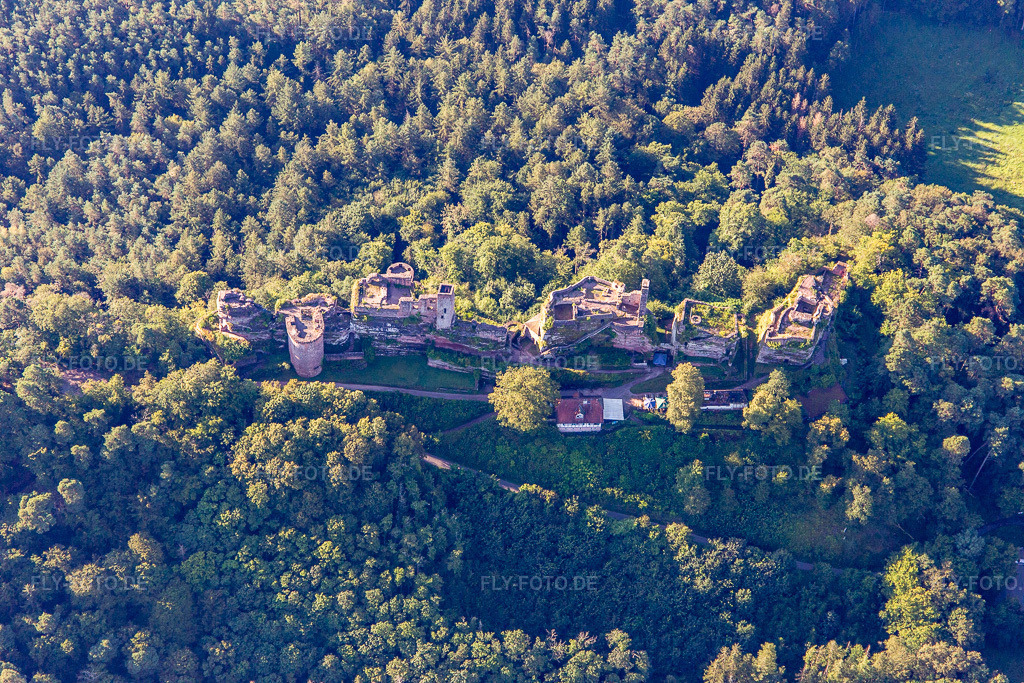 Luftbild: Burgenmassiv Altdahn mit Burgruinen Granfendahn und Tanstein in Dahn im Bundesland Rheinland-Pfalz in Deutschland. Foto: IMG_143173.jpg vom 06.08.2024 durch Werner Riehm/FLY-FOTO.de