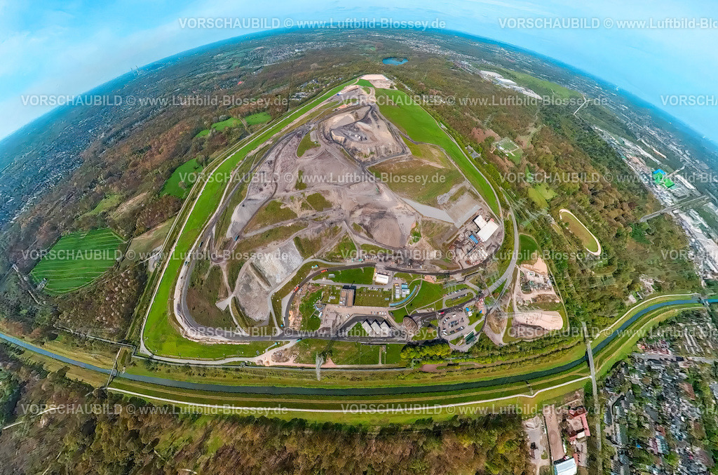 Gelsenkirchen230490078DeponieEmscherbruch-topaz | Luftbild, Zentraldeponie Emscherbruch, Fluss Emscher, Erdkugel, Fisheye Aufnahme, Fischaugen Aufnahme, 360 Grad Aufnahme, Resser Mark, Gelsenkirchen, Ruhrgebiet, Nordrhein-Westfalen, Deutschland