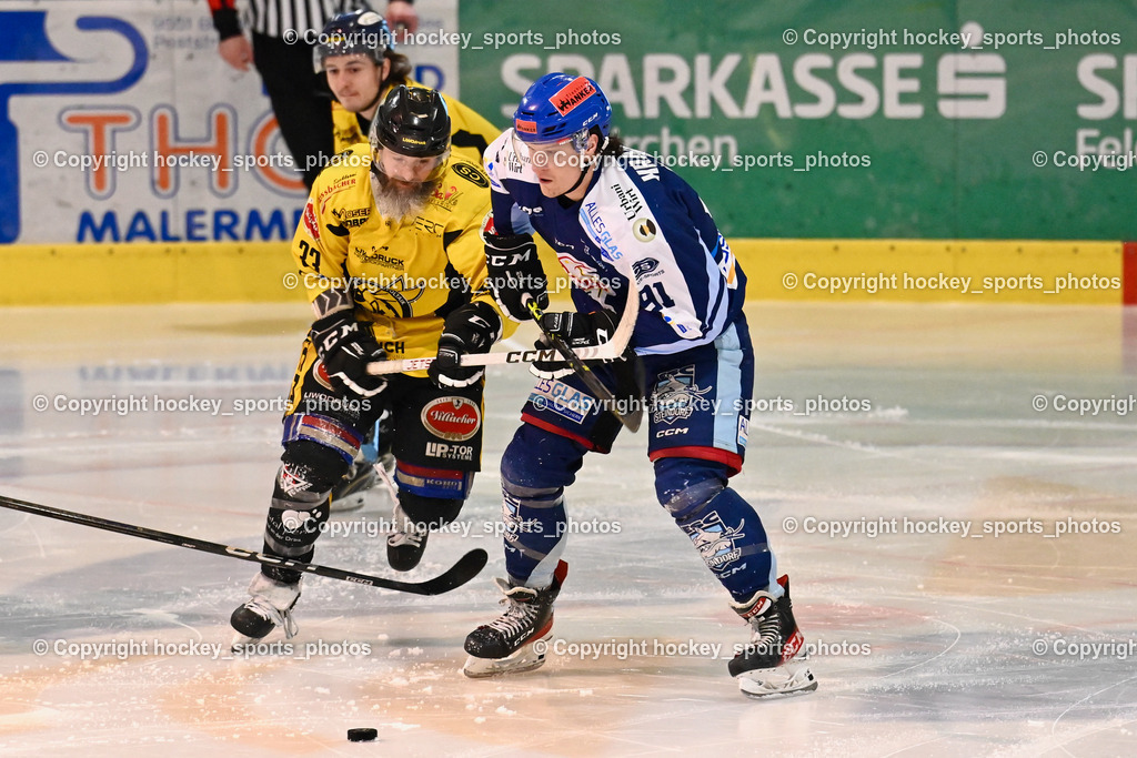 ESC Steindorf vs. EC Hornets Spittal 25.2.2024 | #33 Kabas Michael EC Hornets Spittal, #91 Kravania Kristian ESC Steindorf, ESC Steindorf vs. EC Hornets Spittal 25.2.2024, ESC Steindorf vs. EC Hornets Spittal 25.2.2024 am 25.02.2024 in Steindorf (Ossiachersee Halle), Austria, (Photo by Bernd Stefan)