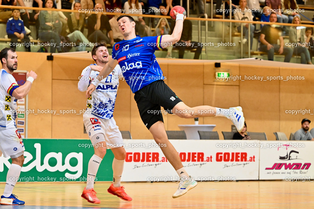 SC Ferlach vs. ALPLA HC Hard | #10 Perkusic Toni SC Ferlach, #27 WENDEL Samuel SC Hard, SC Ferlach vs. ALPLA HC Hard, SC Ferlach vs. ALPLA HC Hard am 05.04.2025 in Ferlach (Ballspielhalle Ferlach), Austria, (Photo by Bernd Stefan)
