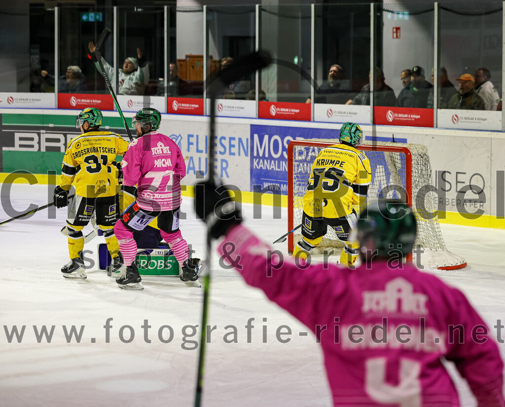2025-10-28_154_TSV_Erding_gegen_Toelzer_Loewen | Erding, Deutschland, 28.10.2025:Eishockey, Oberliga Süd 2025 / 2026, 13. Spieltag, TSV Erding gegen Tölzer Löwen, Endergebnis: 2:5Alex Groß-Rubatscher (Tölzer Löwen, #91), Torwart Matthias Bittner (Tölzer Löwen, #32), Philipp Michl (Erding Gladiators, #77), Florian Krumpe (Tölzer Löwen, #55), Jesse Kauhanen (Erding Gladiators, #4)Foto: Christian Riedel / fotografie-riedel.net