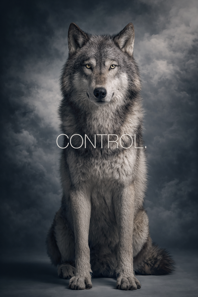 Poster: WILD WITHIN – CONTROL. | Grauer Wolf sitzt frontal und symmetrisch vor dunklem Studiohintergrund mit ruhigem, kontrolliertem Ausdruck. Typografisches Poster aus der Kollektion WILD WITHIN mit dem Wort „CONTROL.“ - Realisiert mit Pictrs.com