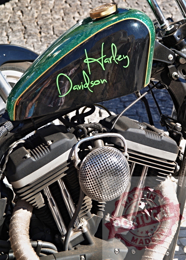Harley Davidson motorcycle engine and fuel tank close-up | Harley Davidson custom motorcycle engine and green gas tank with logo - Realized with Pictrs.com