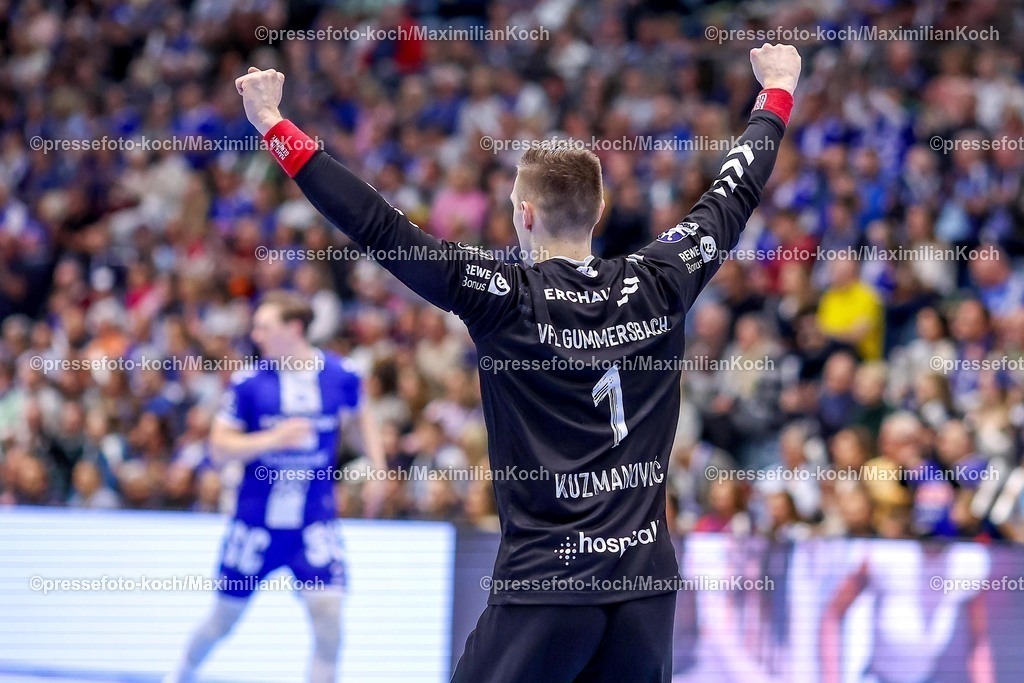 Gum25042501007 | 25.04.2025, Handball, HBL, VfL Gummersbach - 1. VfL Potsdam, Schwalbe-Arena: Torwart Dominik Kuzmanovic (GUM #1) jubelnd 