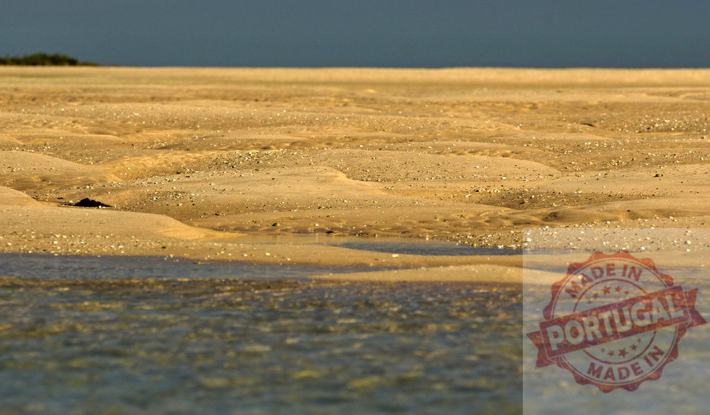 Sandy beach experiencing low tide | Sand patterns and shallow water creating a serene coastal landscape at low tide - Realisiert mit Pictrs.com