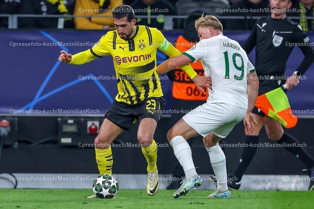 UCL1902250102192 | 19.02.2025, Fußball, UEFA Champions League, Borussia Dortmund - Sporting Lissabon, Signal Iduna Park, Knockout phase play-offs, Saison 2024 2025: Emre Can (BVB #23) im Zweikampf gegen Conrad Harder (Sporting #19)