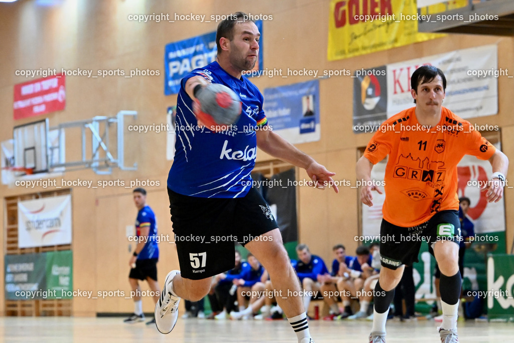 SC Ferlach vs. HSG Holding Graz 23.9.2023 | #57 LEBAN Patrik SC Ferlach, #11 ALBEK Joszef Holding Graz, SC Ferlach vs. HSG Holding Graz 23.9.2023, SC Ferlach vs. HSG Holding Graz am 23.09.2023 in Bleiburg (Ballspielhalle Ferlach), Austria, (Photo by Bernd Stefan)
