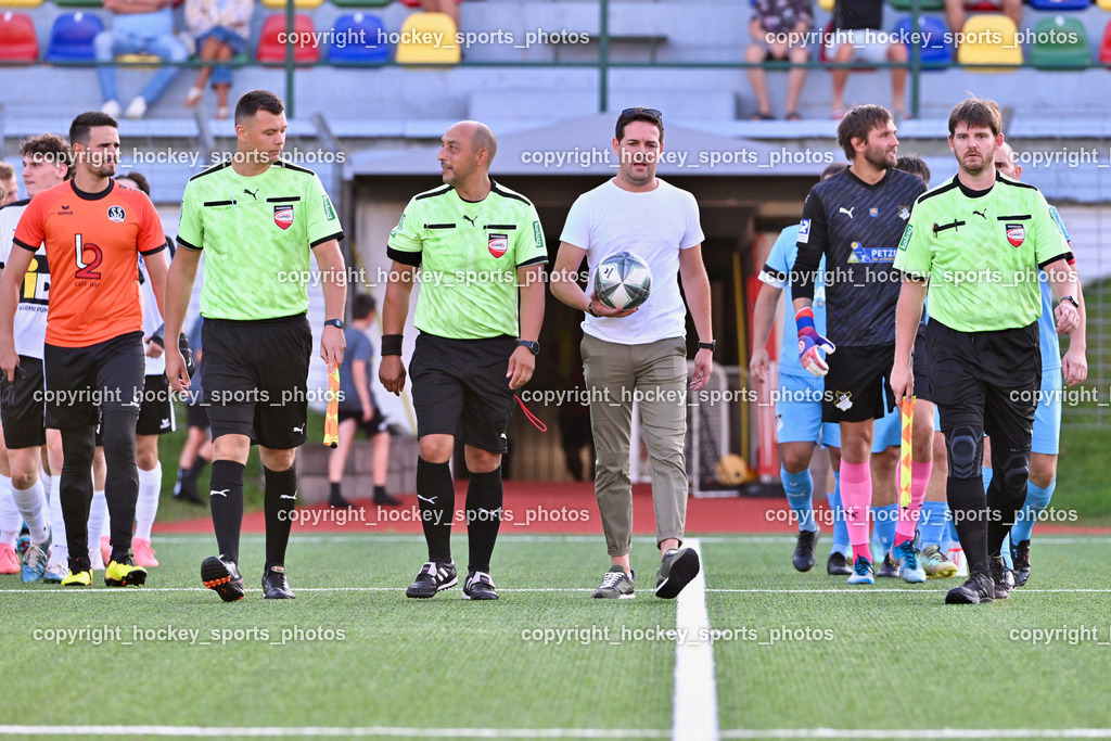 SV Spittal vs. SVG Bleiburg | #1 Marko Soldo SV Spittal, Nedim Hrvacic Referee, Edin Avdic Referee, Christopher Harder Referee, #66 Thomas Pök SVG Bleiburg, SV Spittal vs. SVG Bleiburg, SV Spittal vs. SVG Bleiburg am 14.08.2024 in Spittal an der Drau (Goldeck Stadion), Austria, (Photo by Bernd Stefan)