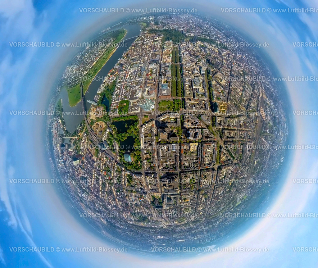 Duesseldorf240590061Friedrichstadt_Koenigsallee_Koe | Luftbild, Düsseldorfer Altstadt, Friedrichstadt mit Königsallee und Baumallee, Ständehauspark, links der Fluss Rhein und Rheinkniebrücke, Erdkugel, Fisheye Aufnahme, Fischaugen Aufnahme, 360 Grad Aufnahme, tiny world, little planet, fisheye Bild, Stadtmitte, Düsseldorf, Nordrhein-Westfalen, Deutschland