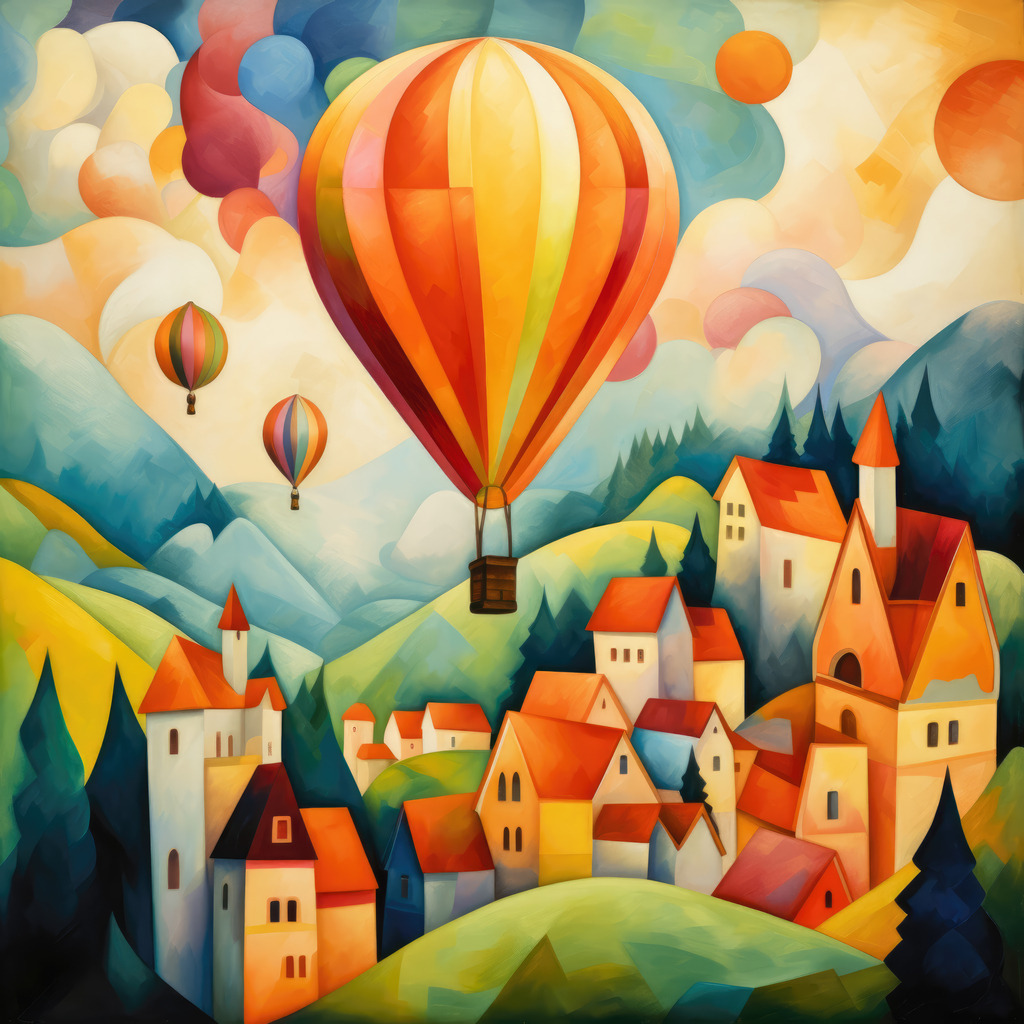 2307154 - Ballonfahrt | Abstraktes Motiv von Heißluftballons über einer kleinen Stadt, das  an den Stil von August Macke erinnert.