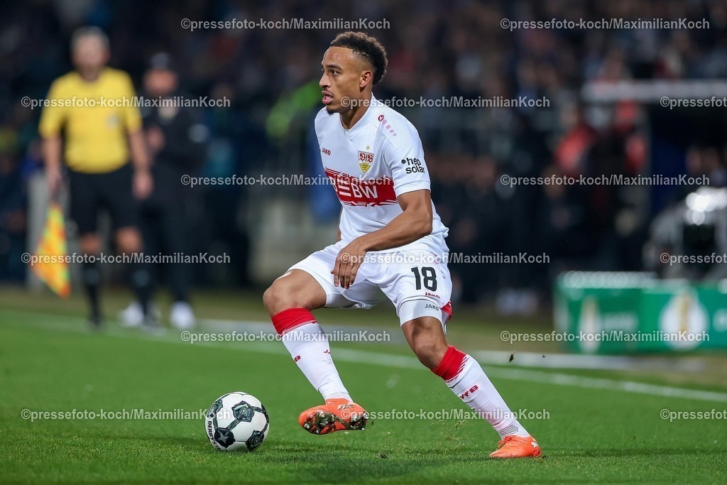BOC03122501027 | 03.12.2025, Fußball, DFB-Pokal, VfL Bochum - VfB Stuttgart, Achtelfinale, Vonovia Ruhrstadion, Saison 2025 2026: Jamie Leweling  (VfB Stuttgart #18)  DFB regulations prohibit any use of photographs as image sequences and or quasi-video.