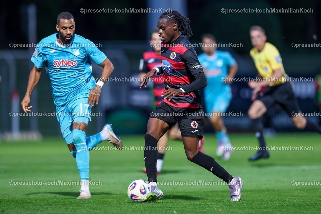FCVK16092501096 | 16.09.2025, Fußball, FC Viktoria Köln – TSG 1899 Hoffenheim II, 3.Liga, Sportpark Höhenberg, Saison 2025 2026: Ruben Reisig (Hoffenheim II #17) im Zweikampf gegen  Yannick Tonye (Viktoria Koeln #30)  DFB regulations prohibit any use of photographs as image sequences and or quasi-video.