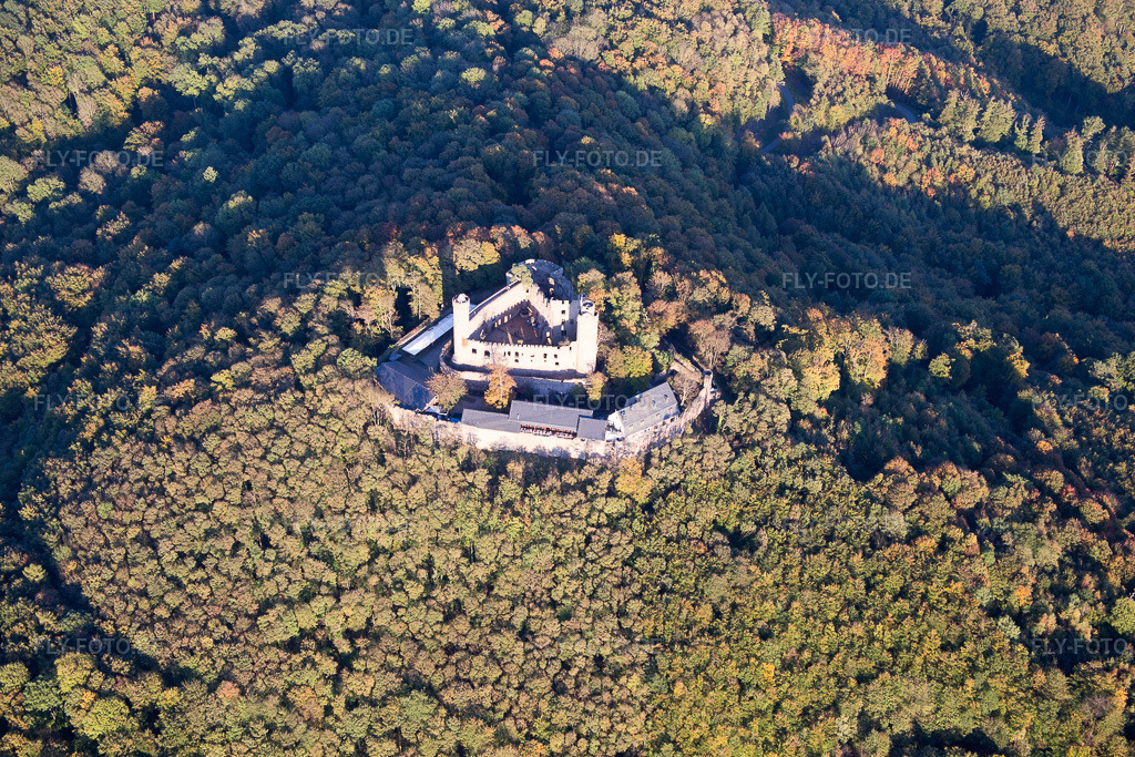 Luftbild: Ruine und Mauerreste der ehemaligen Burganlage und Feste Schloß Auerbach der Schloss Auerbach GmbH im Ortsteil Alsbach in Alsbach-Hähnlein im Ortsteil Auerbach in Bensheim im Bundesland Hessen in Deutschland. Foto: IMG_075040.jpg vom 18.10.2014 durch Werner Riehm/FLY-FOTO.de