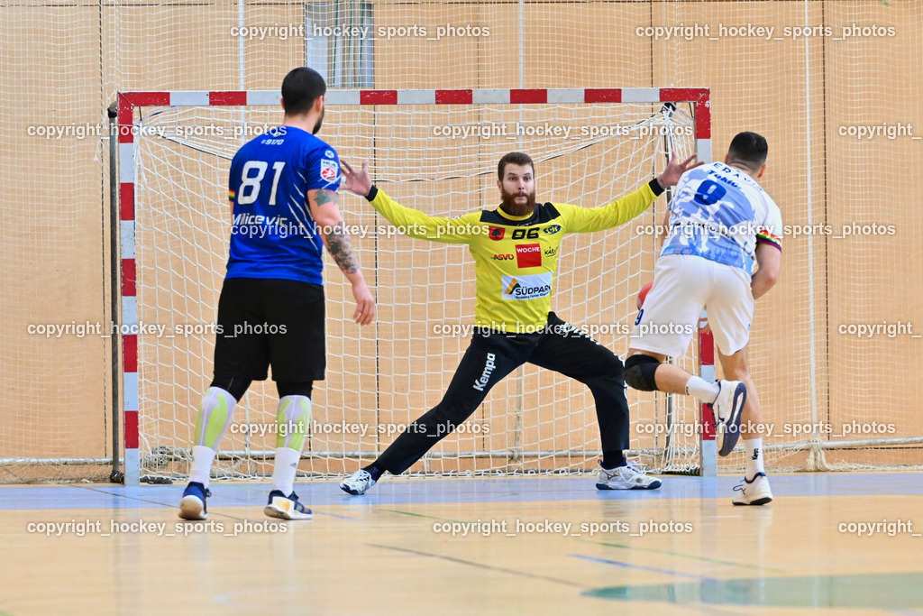 SC Ferlach vs. ALPLA HC Hard 2.3.2024 | #81 MILICEVIC Adrian SC Ferlach, #96 KONECNY Micha Martin SC Ferlach, #9 Tokic Ante HC Hard,  SC Ferlach vs. ALPLA HC Hard 2.3.2024, SC Ferlach vs. ALPLA HC Hard am 02.03.2024 in Ferlach (Ballspielhalle Ferlach), Austria, (Photo by Bernd Stefan)