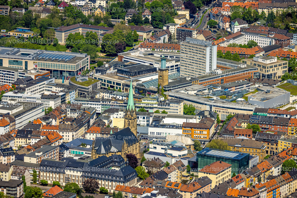Hagen230502253 | Luftbild, St. Marien Kirche, kath. Krankenhaus Hagen, Osthaus Museum, Rathaus, Rathaus Galerie, Volme Galerie, Mittelstadt, Hagen, Sauerland, Nordrhein-Westfalen, Deutschland