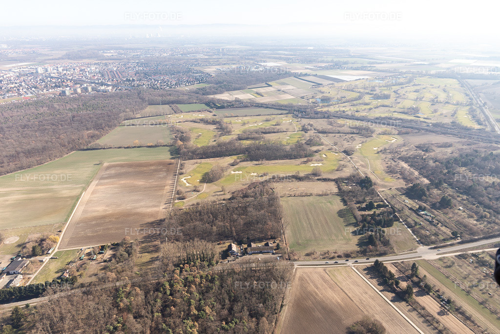 Luftbild: Golfplatz Kurpfalz in Limburgerhof im Bundesland Rheinland-Pfalz in Deutschland. Foto: IMG_112819.jpg vom 27.02.2019 durch Werner Riehm/FLY-FOTO.de