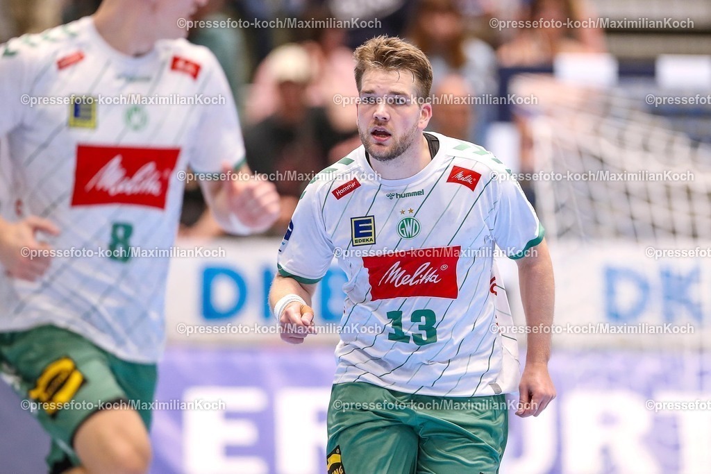 BHC13092501106 | 13.09.2025, Handball, HBL, Bergischer HC - TSV GWD Minden, Unihalle Wuppertal: Ian Weber (GWD Minden #13) jubelnd 