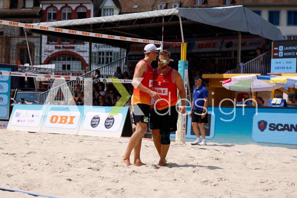 Obi BeachTour 2026 - Basel | BASEL, SWITZERLAND - JULY 19: LAURENZ LEITNER (AUT) and MORITZ KINDL (AUT) during the Obi BeachTour 2026 match between LEITNER / KINDL (AUT) and BREER / KÄLIN (SUI) at Barfüsserplatz on July 19, 2026 in Basel, Switzerland. - Realisiert mit Pictrs.com