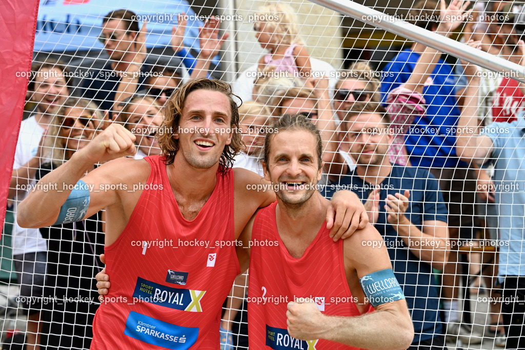 Kärntner Landesmeisterschaft Beach Volleyball | #2 HUBER Alexander Philipp, #1 FRIEDL Felix, Kärntner Landesmeisterschaft Beach Volleyball, Kärntner Landesmeisterschaft Beach Volleyball am 18.08.2024 in Villach (Rathausplatz Villach), Austria, (Photo by Bernd Stefan)