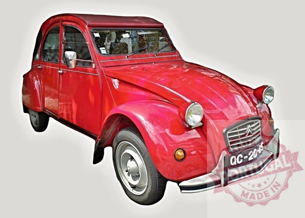 Red Citroën 2CV parked, representing french vintage car design | Classic red Citroën 2CV car parked, showcasing iconic french automotive design and vintage charm - Realized with Pictrs.com
