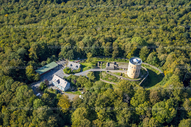 Hilchenbach230911047 | Luftbild, Ginsburg GIN Manufaktur, Turm und Fachwerkhaus auf dem Schlossberg im Wald, Grund, Hilchenbach, Siegerland, Nordrhein-Westfalen, Deutschland