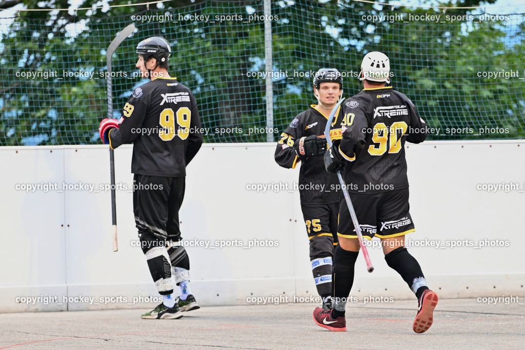 ASKÖ Hockey Villach vs. VAS Ballhockey  | #99 Alagic Adis VAS Villach, #75 Wohlfahrt Benedikt VAS Villach, Jubel VAS Ballhockey Mannschaft, #90 Edlinger Patrick VAS Villach, ASKÖ Hockey Villach vs. VAS Ballhockey , ASKÖ Hockey Villach vs. VAS Ballhockey  am 06.07.2025 in Villach (Alpen Arena ), Austria, (Photo by Bernd Stefan)