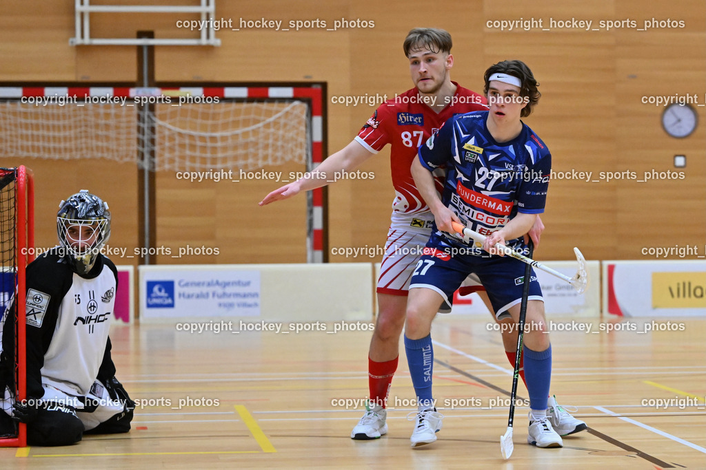 VSV Unihockey vs. KAC Floorball | #55 Maximilian Obereder KAC Floorball, #87 Fabian Grabner KAC Floorball, #27 Lukas Florianschitz VSV Unihockey, VSV Unihockey vs. KAC Floorball, VSV Unihockey vs. KAC Floorball am 12.04.2025 in Villach (Ballspielhalle St. Martin), Austria, (Photo by Bernd Stefan)